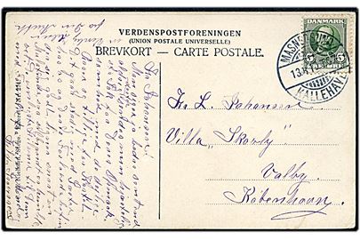 5 øre Fr. VIII på brevkort annulleret med bureaustempel Masnedsund - Kallehave T.3 d. 13.8.1910 til København.