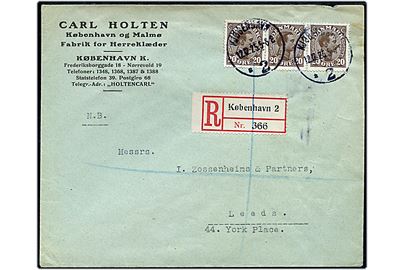 20 øre Chr. X (3) på 60 øre frankeret anbefalet brev fra Kjøbenhavn d. 12.12.1925 til Leeds, England.