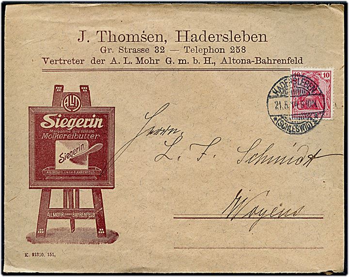10 pfg. Germania på illustreret firmakuvert fra Hadersleben *(Schleswig)1* d. 21.5.1914 til Vojens.