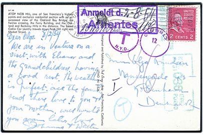2 cents Adams på underfrankeret brevkort fra Ventura d. 2.7.1954 til København, Danmark. Udtakseret i porto med 36 øre grønt porto-maskinstempel og rammestempel Anmeldt d. 2.8.54 Afhentes.