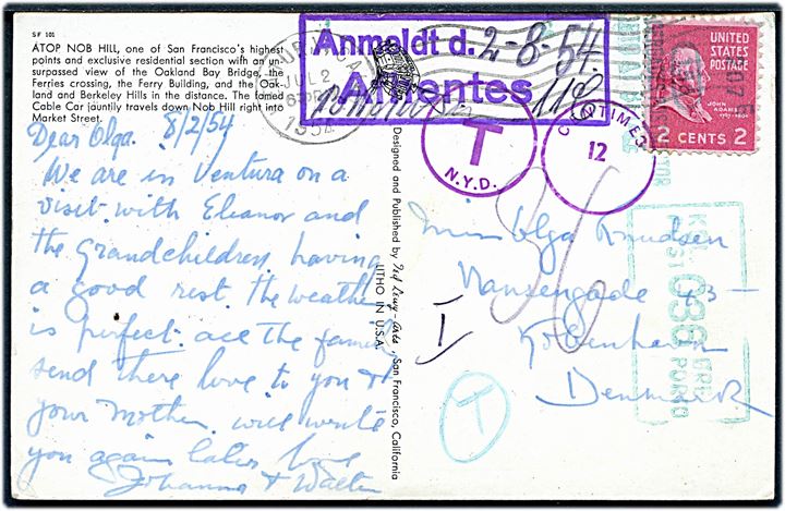 2 cents Adams på underfrankeret brevkort fra Ventura d. 2.7.1954 til København, Danmark. Udtakseret i porto med 36 øre grønt porto-maskinstempel og rammestempel Anmeldt d. 2.8.54 Afhentes.