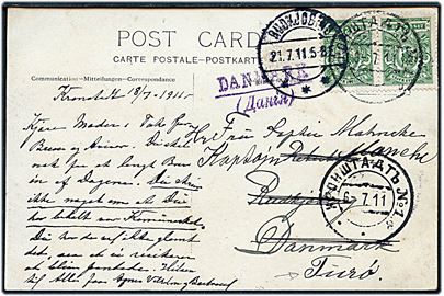 2 kop. Våben i parstykke på brevkort (Bass Rock - klippeø ved Scotland) fra Kronstadt d. 6.7.1911 til Rudkjøbing, Danmark - eftersendt til Thurø.