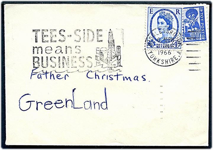Britisk Børnepost mærke og 4d Elizabeth på lille brev fra Middlesbrough d. 1.12.1966 til Father Christmas, Greenland.