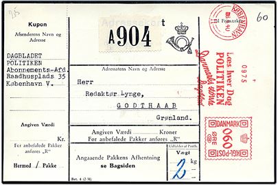 60 øre firmafranko frankeret adressekort for avispakke på 2 kg. fra Politiken i København d. 8.4.1940 til Godthaab, Grønland. Påsat KGH pakke-reg. etiket A904. Pakken blev returneret på grund af Danmarks besættelse d. 9.4.1940.