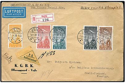 Komplet sæt Luftpost på stort anbefalet luftpostbrev med postopkrævning fra Vejle d. 10.4.1938 til Skelleftehamn, Sverige.
