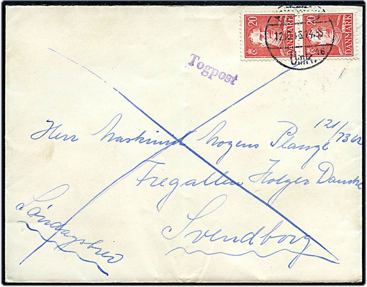 20 øre Chr. X i parstykke på søndagsbrev stemplet København Omk. d. 12.10.1946 og sidestemplet Togpost til maskinist ombord på fregatten Holger Danske i Svendborg.