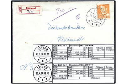 80 øre Fr. IX single på anbefalet brev annulleret med brotype IId Skelum d. 16.7.1960 til Hadsund. Rec.-etiket Skelund. Postekspeditionen i Skelund hed i perioden 28.12.1957 til 18.4.1961 Skelum og benyttede i den korte periode 2 nye brotype stempler. Sjældent brugsbrev.