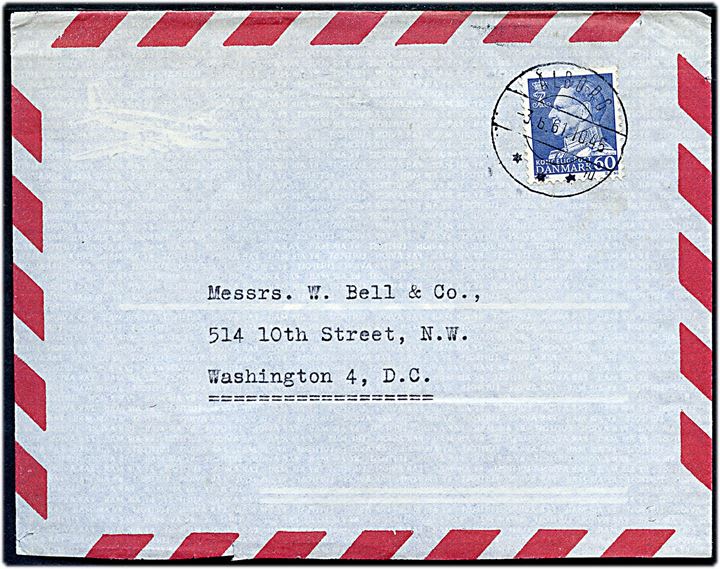 60 øre Fr. IX single på luftpostbrev fra Ålborg d. 3.6.1961 til Washington D.C., USA.