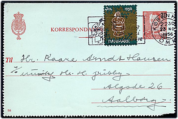 30/25 øre provisorisk helsags korrespondancekort (fabr. 98) med Julemærke 1956 fra København d. 23.11.1956 til Aalborg.