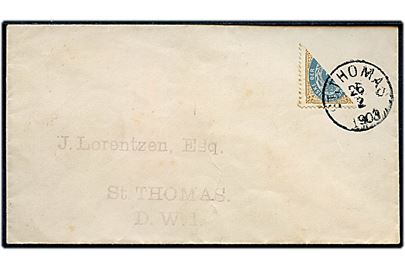 Halveret 4 cents Tofarvet på brev stemplet St: Thomas d. 26.2.1903 til St. Thomas.