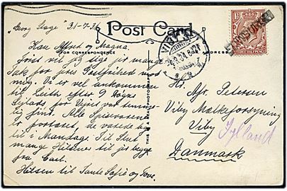 1½d George V på brevkort fra skoleskibet Georg Stage dateret d. 31.7.1931 annulleret med liniestempel Edinburgh til Viby, Danmark. Fejlsendt til Viby Sjælland d. 4.3.1931.
