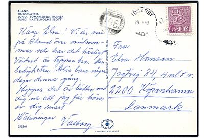 Åland. 0,25 mk. Løve på brevkort annulleret Torsaby d. 23.5.1959 og sidestemplet med nr.stempel 106 til København, Danmark.