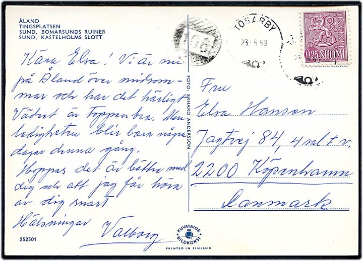 Åland. 0,25 mk. Løve på brevkort annulleret Torsaby d. 23.5.1959 og sidestemplet med nr.stempel 106 til København, Danmark.