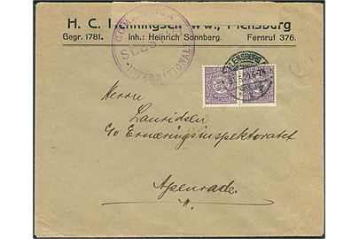 40 pfg. Fælles udg. i parstykke på brev fra Flensburg d. 31.5.1920 til Aabenraa. Åbnet af valutakontrol med banderole stemplet: Commission Internationale Slesvig.