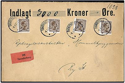 20 øre Chr. X (4) på 80 øre frankeret værdibrev fra Skanderborg d. 4.1.1923 til Himmelbjerggaarden pr. Ry St.
