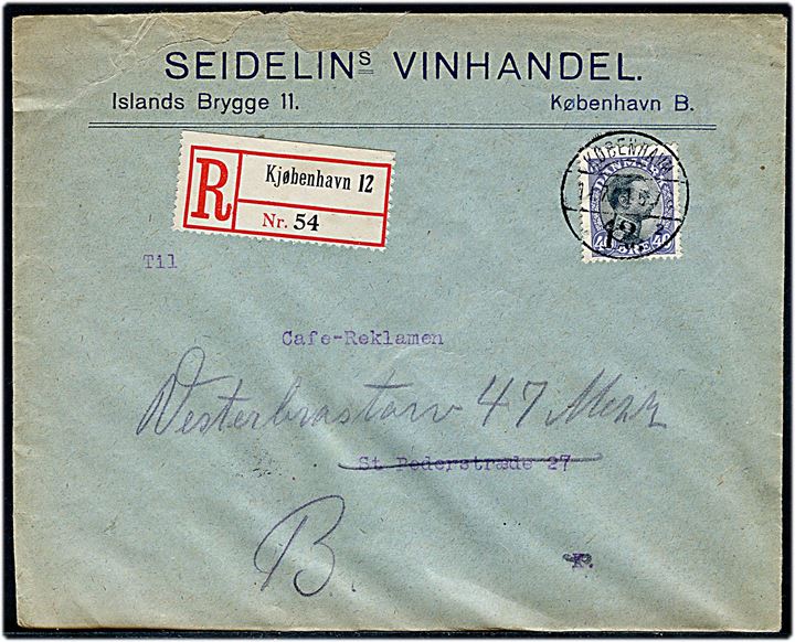 40 øre Chr. X single på lokalt anbefalet brev i Kjøbenhavn d. 14.2.1921.
