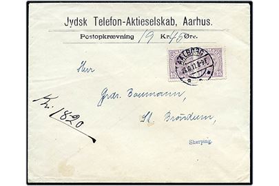 15 øre Chr. X i parstykke på brev med opkrævning fra Jydsk Telefon Aktieselskab i Aalborg d. 28.10.1917 til Skørping.