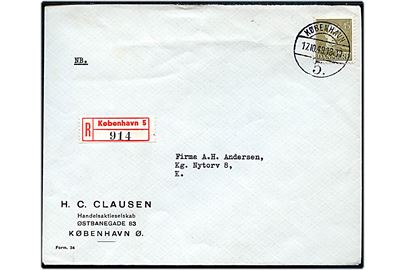 45 øre Chr. X single på lokalt anbefalet brev i København d. 17.10.1949.