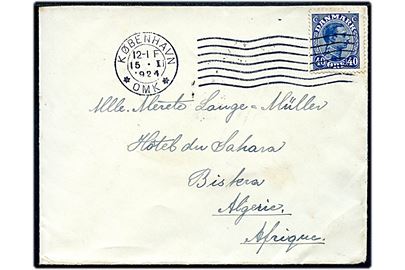 40 øre Chr. X på brev fra København d. 15.1.1924 til Biskra, Algeriet, Nordafrika.