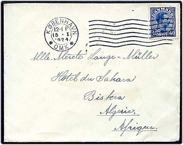 40 øre Chr. X på brev fra København d. 15.1.1924 til Biskra, Algeriet, Nordafrika.