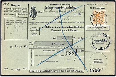 30 øre Chr. X på retur Indkasserings-Postanvisning fra Holbæk d. 19.9.1925 til Slagelse.