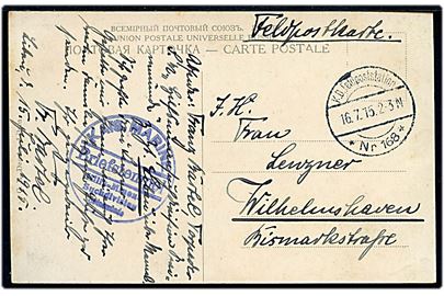 Ufrankeret feltpostkort fra Libau stemplet K.D.Feldpoststation nr. 168 d. 16.7.1915 til Wilhelmshaven. Briefstempel: Kais. Marine / Hilfsminen-Suchdivision Swinemünde. 