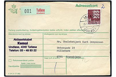 14 kr. Rigsvåben på adressekort annulleret med parentes stempel Tølløse (Undløse) d. 3.1.1983 til Tranebjerg.