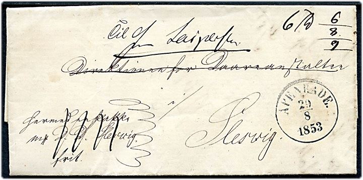 1853. Ufrankeret pakkefølgebrev mærket Frit med antiqua Apenrade. d. 29.8.1853 til Direktionen for Daareanstalten i Slesvig - eftersendt.