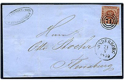4 sk. 1854 udg. på brev annulleret med nr.stempel 71 og sidestemplet antiqua Sønderborg d. 24.9.1859 til Flensburg.