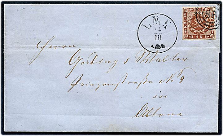 4 sk. 1858 udg. på brev med indhold dateret i Degebüll annulleret med nr.stempel 86 og sidestemplet antiqua Læk d. 4.10.1861 til Altona.