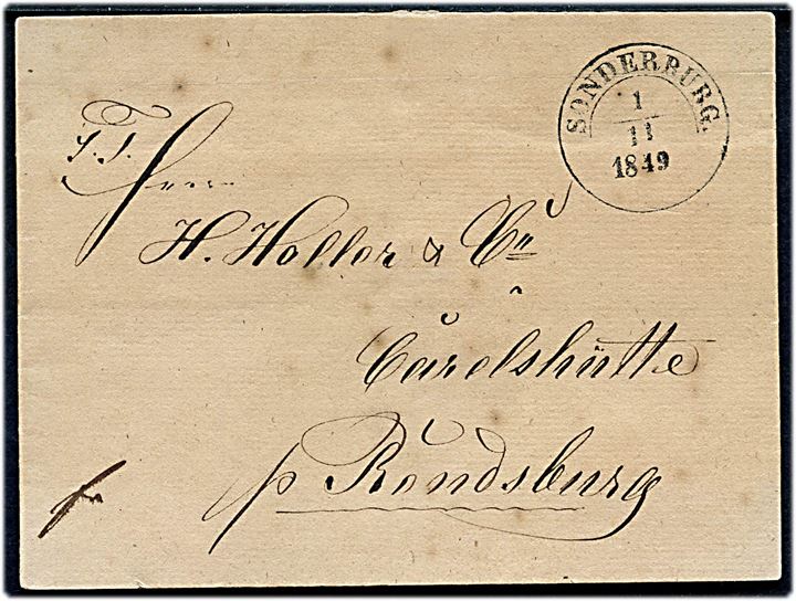 1849. Francobrev med 1½-ringsstempel Sonderburg. d. 1.11.1849 til Carlshütte pr. Rendsburg.