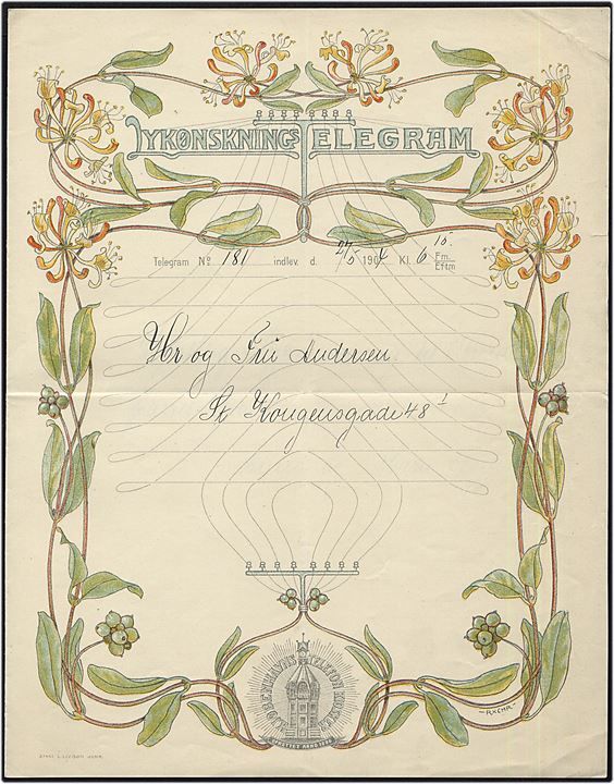 Kjøbenhavns Telefon Kiosker. Illustreret Lykønskningstelegram tegnet af Rasmus Christiansen. Anvendt d. 27.5.1904. L. Levison Junr. no. 27467.