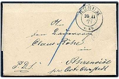 1871. Ufrankeret tjenestebrev fra Husum d. 20.11.1871 til Ahrenviöl pr. Oster Ohrstedt. Ank.stemplet Oster-Ohrstedt d. 20.11.1871.
