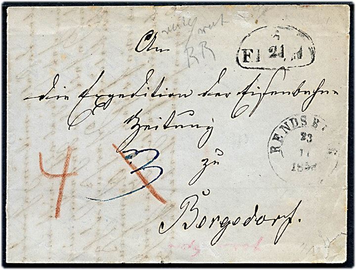 1853. Portobrev med 1½ ringsstempel Rendsburg d. 23.11.1853 via K.D.O.P.A. Hamburg til Bergedorf. Flere påtegninger.