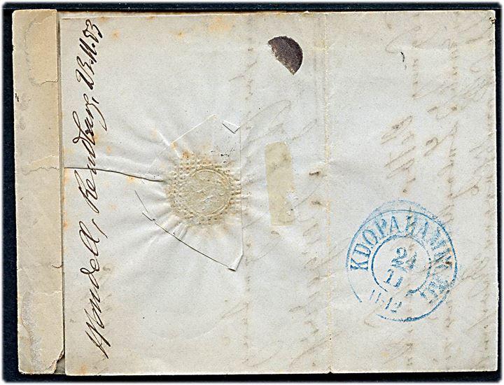 1853. Portobrev med 1½ ringsstempel Rendsburg d. 23.11.1853 via K.D.O.P.A. Hamburg til Bergedorf. Flere påtegninger.