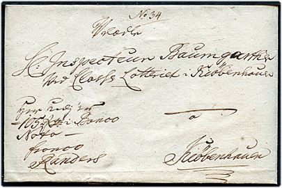 Pengebrev mærket Franco Randers fra Holstebro til Lotteriinspektør Baumgarten i Kjøbenhavn. På bagsiden tydeligt Chr. VII laksegl fra Holstebro Postkontor. 