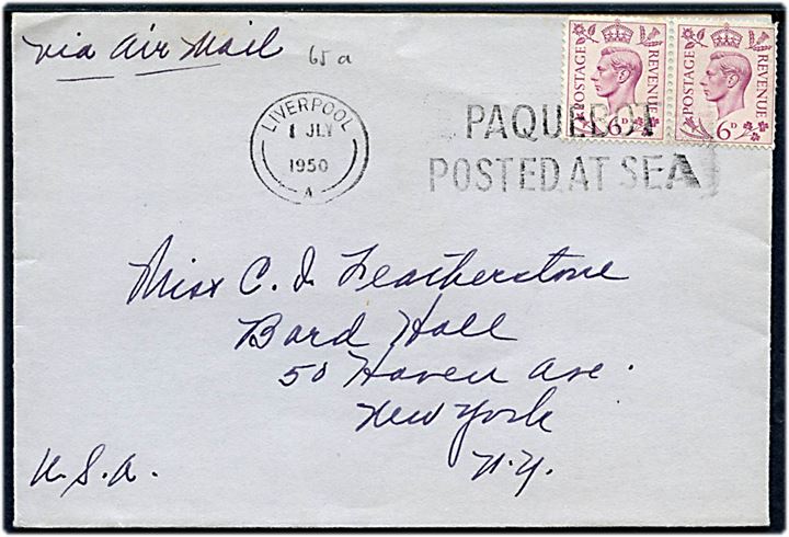 6d George VI i parstykke på luftpostbrev annulleret med skibsstempel Liverpool / Paquebot posted at Sea d. 1.7.1950 til New York, USA.
