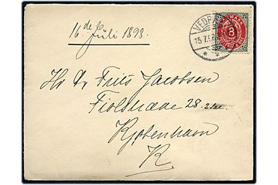 8 øre Tofarvet omv. rm. på brev annulleret Vedbæk d. 15.7.1898 til København.