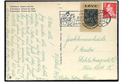 60 øre Fr. IX og Løve Herreds Vaaben mærkat på brevkort fra Hellerup d. 29.12.1970 til København.