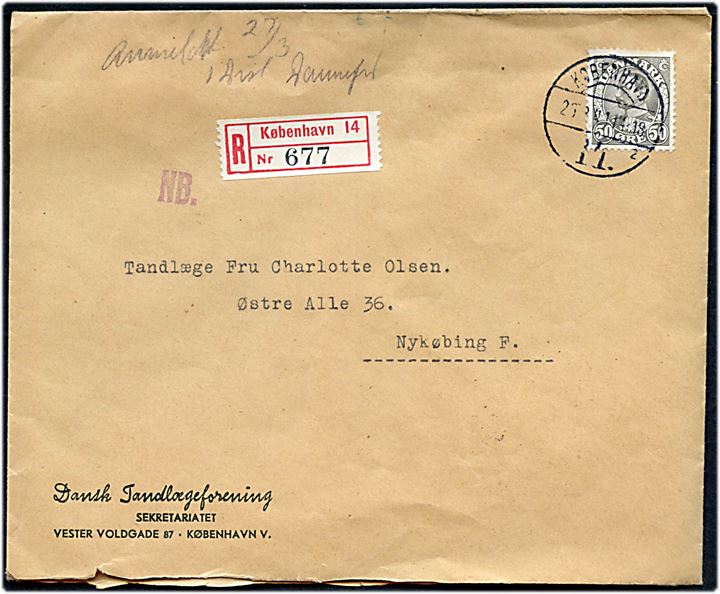 50 øre Chr. X single på anbefalet brev fra København d. 26.3.1941 til Nykøbing F.