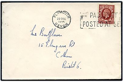 1½d George V på brev annulleret med skibsstempel Plymouth Devon / Paquebot posted at Sea d. 22.12.1935 til Bristol. 