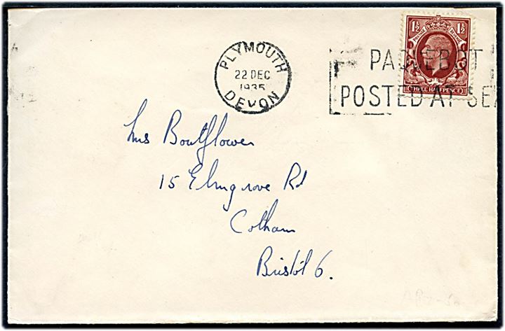 1½d George V på brev annulleret med skibsstempel Plymouth Devon / Paquebot posted at Sea d. 22.12.1935 til Bristol. 