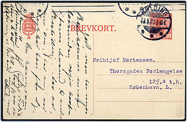 10 øre Chr. X helsagsbrevkort fra Kolding d. 23.6.1920 til København. På bagsiden 2-liniestempel: Julemærkesanatoriet ved Kolding Fjord.