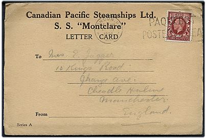 1½d George V på Canadian Pacifics Steamships Ltd. Letter Card fra S/S Montclare annulleret med britisk skibsstempel London F.S. / Paquebot posted at Sea d. 17.10.1936 til Manchester, England.