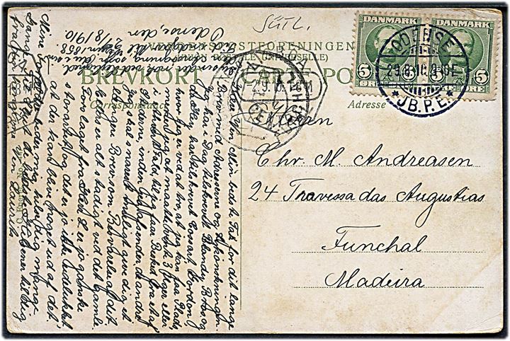 5 øre Fr. VIII i parstykke på brevkort fra Odense d. 29.8.1910 via Lisboa til Funchal, Madeira.