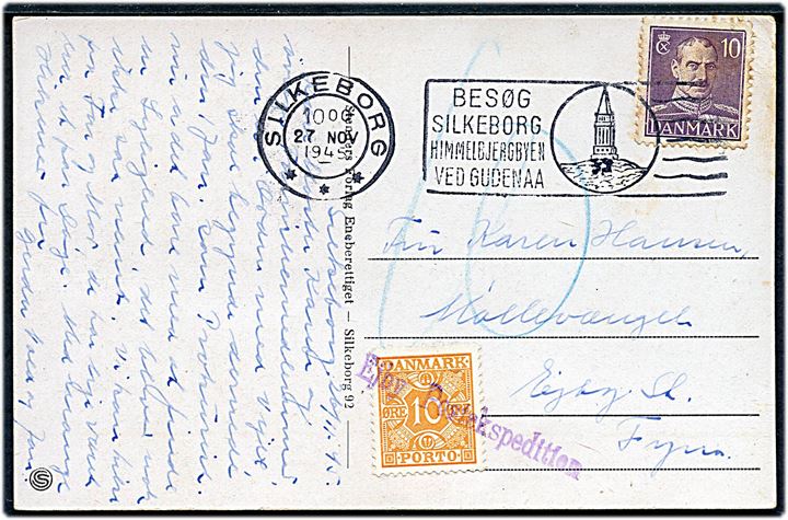 10 øre Chr. X på underfrankeret brevkort fra Silkeborg til Ejby St. Udtakseret i porto med 10 øre Portomærke annulleret med kontorstempel: Ejby Postekspedition.