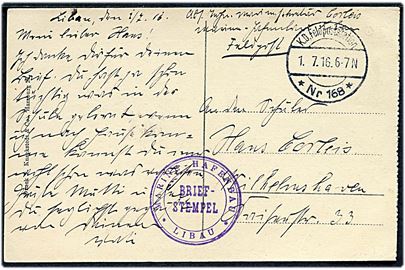 Ufrankeret feltpostkort (Tysk artilleri rykker ind i Libau) stemplet K.D. Feldpoststation * Nr. 168 * (= Libau) d. 1.7.1916 til Wilhelmshaven. Briefstempel: Marine-Hafenbau * Libau *.