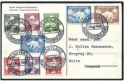 Komplet sæt Chr. X og Isbjørn på eksprditions-brevkort annulleret Pearyland Nordgrønland d. 1.8.1948 til Holte, Danmark.
