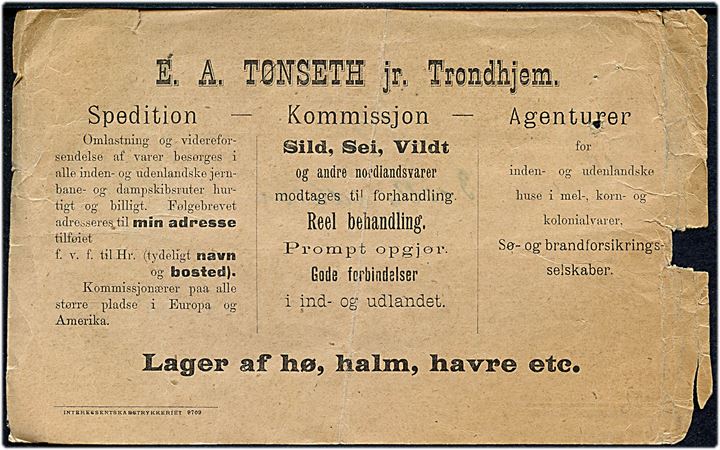 Fragtbrev for gods sendt fra Trondhjem d. 8.4.1892 med dampskibet S/S Jupiter til Namsos. Beskadiget i venstre side.