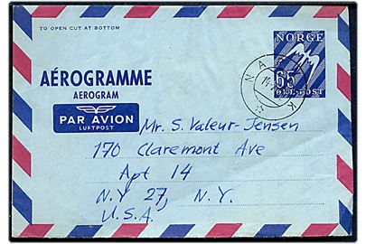 65 øre helsags aerogram fra Narvik d. 14.7.1958 til New York, USA.